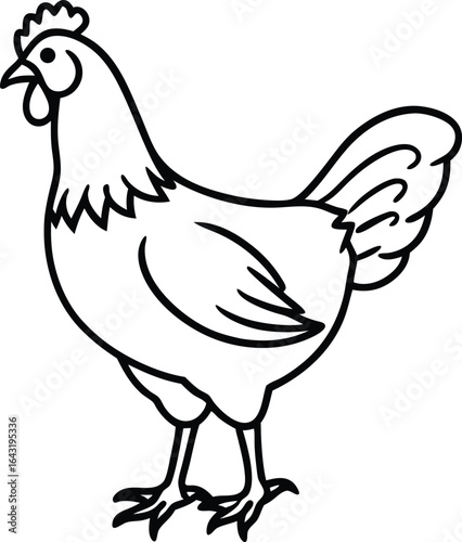 Isolated white domestic fowl silhouette with a red comb and beak, surrounded by a cartoon hen and her chicks