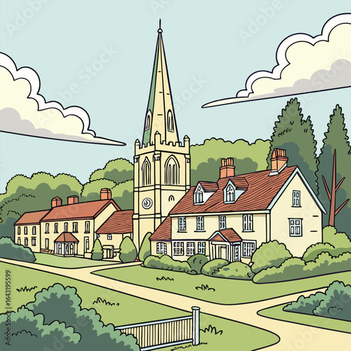 Village church landscape with old architecture and steeple surrounded by trees under blue summer sky vector illustration
