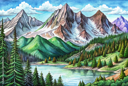 Rocky Mountains snow peaks, alpine lakes, evergreen forests, winding hiking trails, Colorado wilderness beauty