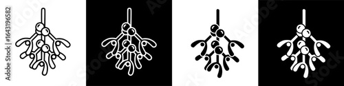 Four mistletoe sprigs, each with varying black and white backgrounds, showing festive holiday imagery.