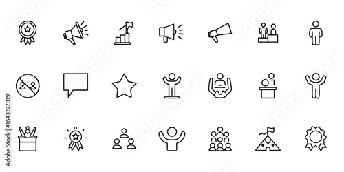 Motivational & Influential Speaking Outline Icon Set — Leadership, Coaching, and Audience Engagement Vector Illustrations for Personal Branding and Event Marketing