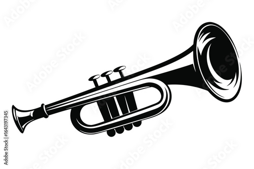 Isolated monochrome trumpet presents an artistic, minimalist wind instrument on a clean white backdrop