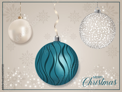 A blue pearly Christmas sphere with a striped pattern set against a background with falling snowflakes.