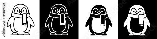 Four stylized penguin illustrations, each wearing a scarf, presented in alternating black and white backgrounds.