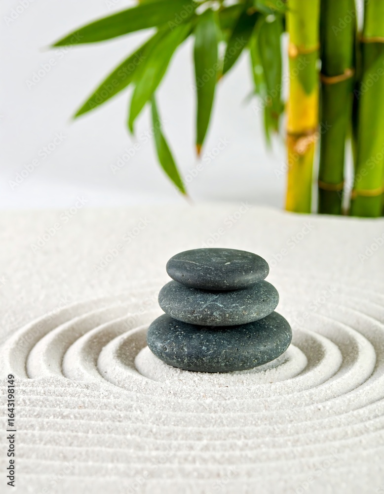 Obraz premium Stacked stones rest on concentric circles in white sand, with bamboo in the background