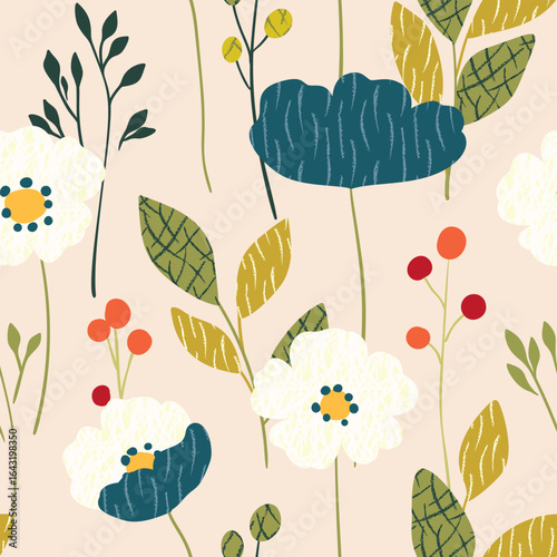 Seamless floral pattern, artistic nature print of pretty naive decorative flowers. Cute botanical design of large hand drawn wildflowers, small plants, leaves, texture decor. Vector illustration.