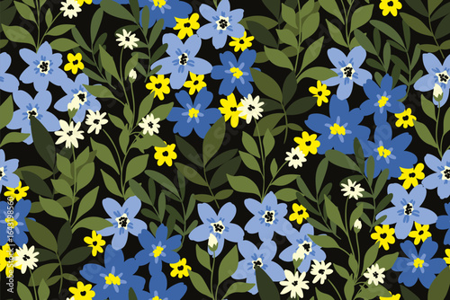 Seamless floral pattern, liberty ditsy print with green summer meadow. Botanical design of hand drawn small blue, yellow flowers, large green leaves, foliage densely on dark field. Vector illustration