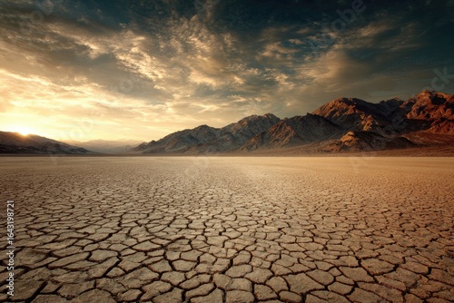 Vast, cracked desert floor at sunset, mountains in the distance
