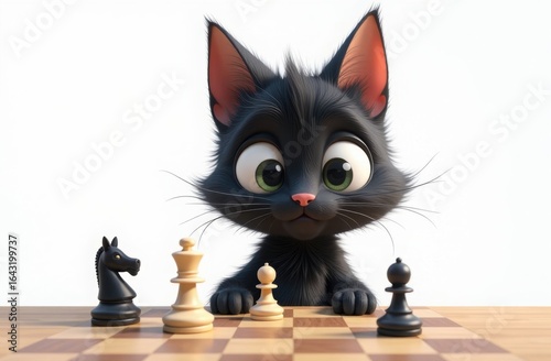 Funny black cat playing chess. Cat at the chessboard. Cat playing chess. Strategy.
