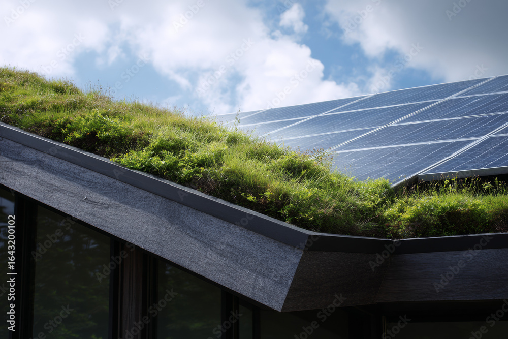 Obraz premium Green Roof with Lush Vegetation and Solar Panels Under Blue Sky 