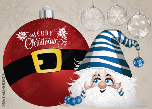 A festive character in a blue and white striped hat stands beside a Christmas ornament displaying "Merry Christmas.