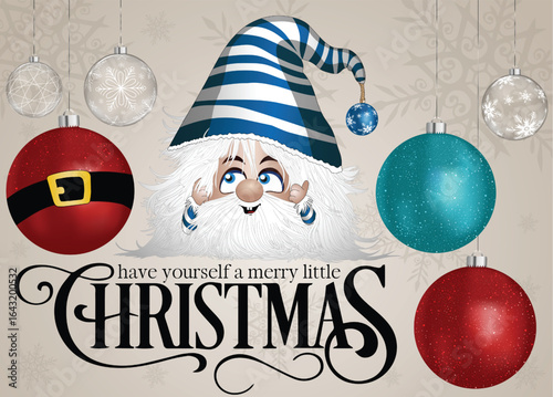 A cute character with a blue striped hat and Christmas baubles.