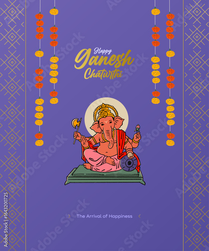 Ganesha vector illustration with Ganesh Chaturthi calligraphy, minimal invitation card design 