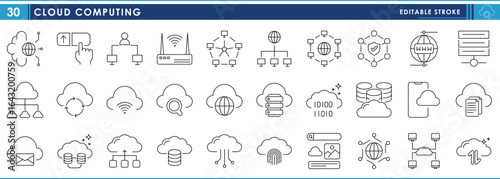 A set of line icons related to Cloud Computing. Cloud, server, download, upload, save, store, protection, security, and so on. Vector editable stroke.