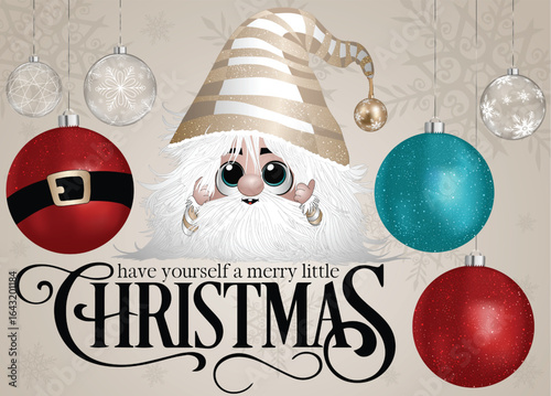 A festive character surrounded by holiday baubles.