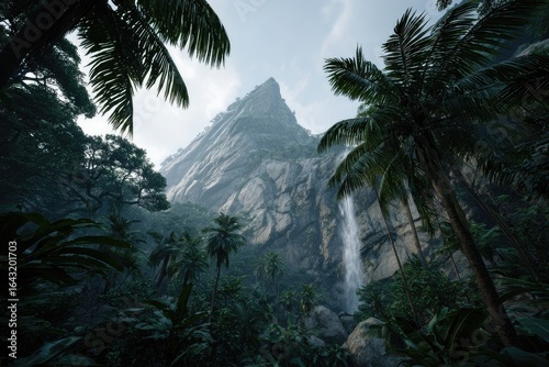 Lush tropical jungle with waterfall cascading down a rocky cliff