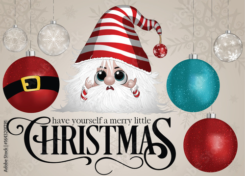 A festive character in a red-striped hat, looking surprised while surrounded by Christmas.