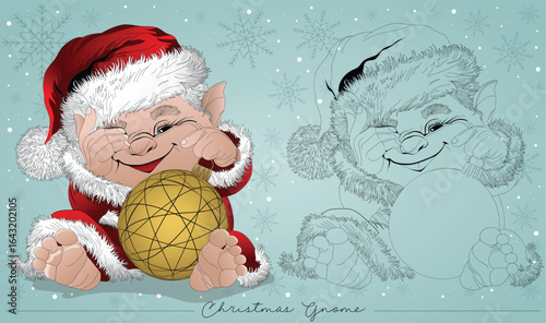 A cute gnome sitting and holding a Christmas bauble with a line pattern