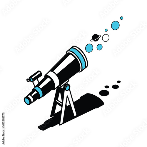 A mystic clip art vision of a scientific telescope searching the starry universe. A worldwide contemplation of a celestial galaxy, this astronomy study shows a planet's orbit.