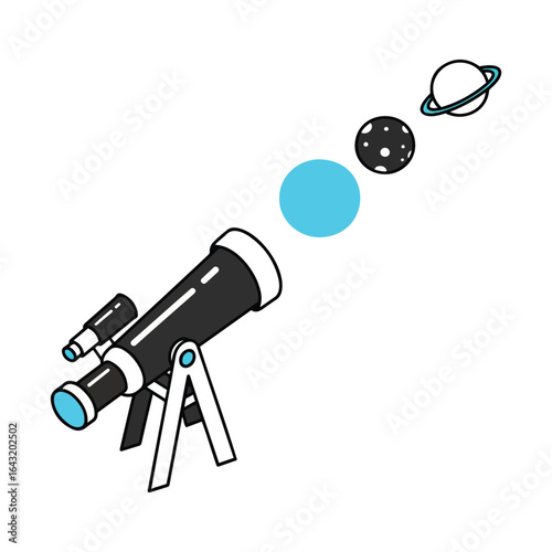 Scientific clip art for a worldwide astronomy study and contemplation, a telescope searching the starry universe for a celestial planet, a mystic sphere in solar orbit.