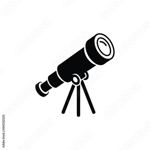 A simple black graphic icon of a telescope for astronomy mounted on a tripod stand.