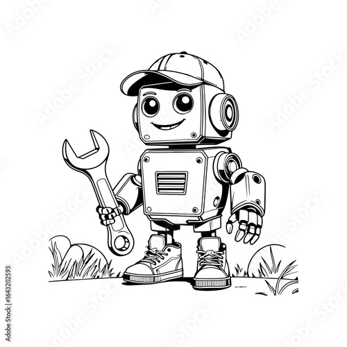 This image is of a small mechanic robot, ready to repair or innovate with its tools. Its simple and attractive pose stimulates children's curiosity about science and technology.