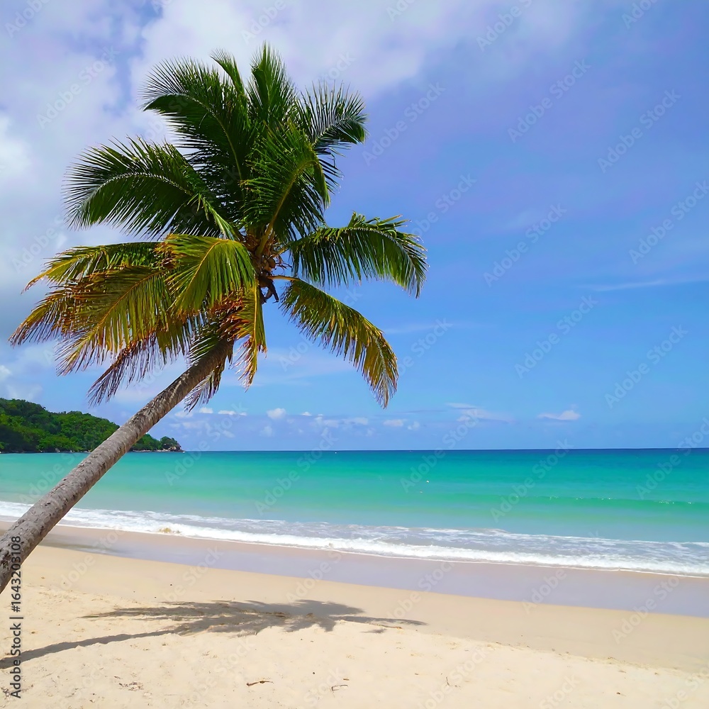 Fototapeta premium Lone palm tree leaning over a tranquil, turquoise ocean beach under a partly cloudy sky