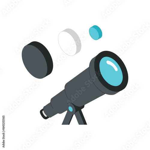 An isometric illustration of a dark grey telescope on a tripod with its lens, cap, and filters.