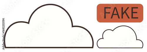 Cloud outline visually split into large and small versions with a fake tag in bold lettering. Ideal for technology, misinformation, comparison, authenticity, originality, judgment, or communication