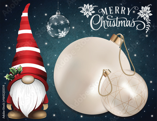 A gnome in a red and white hat stands near holiday ornaments