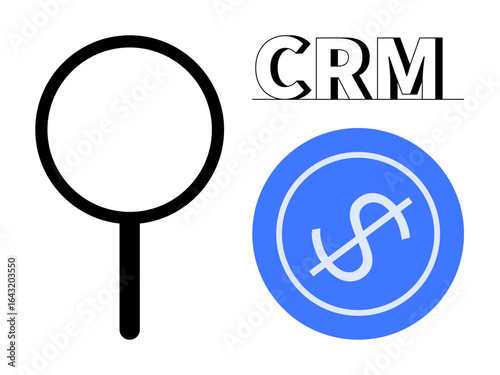 Magnifying glass, CRM text, and dollar sign in blue circle represent analysis, customer management, value. Ideal for finance, CRM software, marketing, strategy data insights commerce analytics