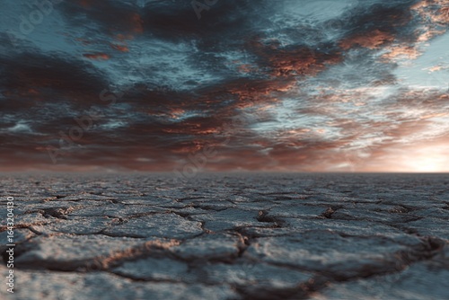Dry cracked earth under dramatic sunset sky