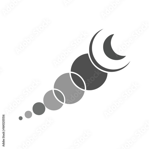 An abstract logo featuring a diagonal progression of circles and crescent shapes in various shades of grey.