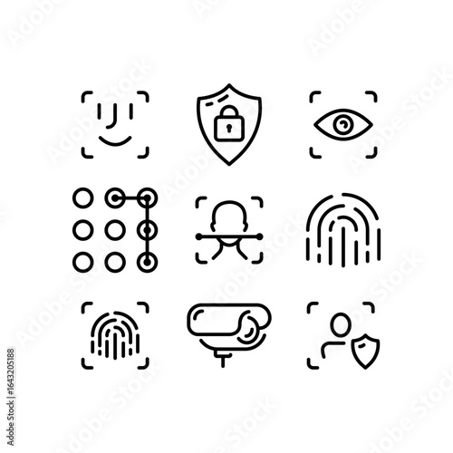 biometric security line style icons – fingerprint, face scan, eye scan, recognition system, ID verification, profile. Perfect for security systems, technology apps, infographics, and identity protecti