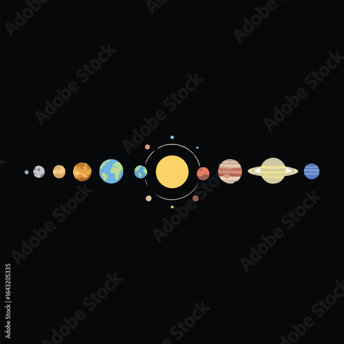 A minimalist illustration of the solar system, showcasing planets orbiting the sun.