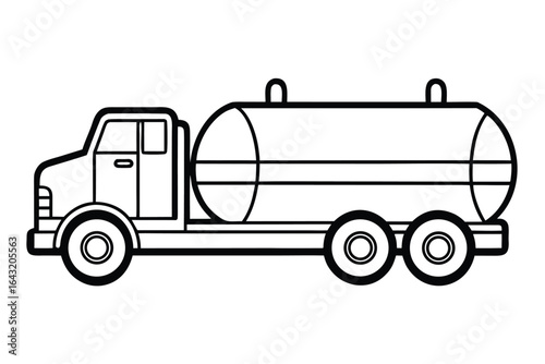 Outline of a fuel tanker truck with a horizontal cylindrical tank on white