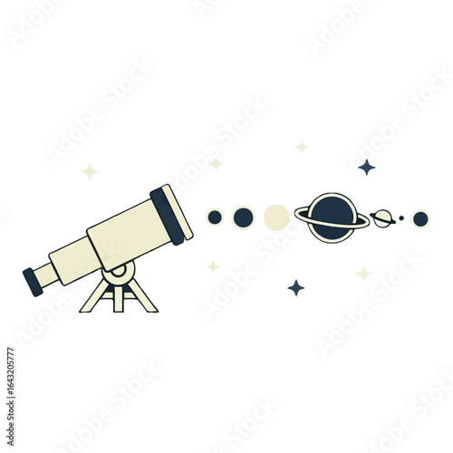 Illustration of a telescope pointing towards a row of planets, including one with rings, surrounded by stars on a white background.