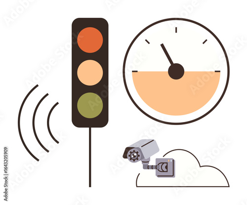 Traffic light with signal waves, speedometer displaying speed, and surveillance camera monitoring surroundings. Ideal for traffic control, road safety, technology, surveillance, monitoring, urban