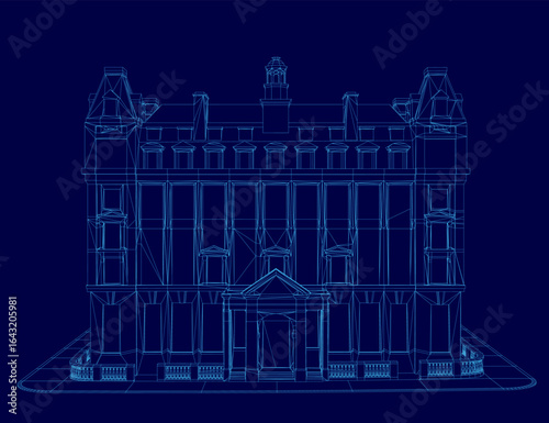A detailed blueprint of the House on a blue background, showcasing intricate architectural lines and curves. The wireframe design highlights the building's historical significance with precise.