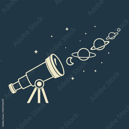 Vintage telescope observing planets and celestial bodies against a dark starry night sky.