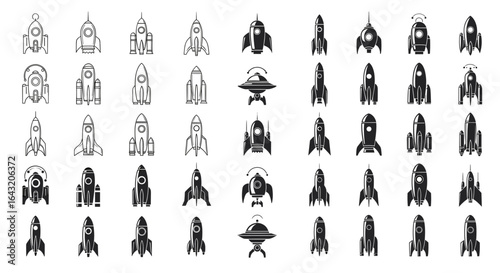 Collection of diverse rocket and spaceship icons in grayscale, varying styles and designs.