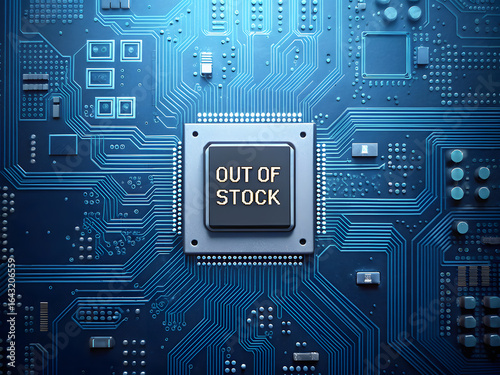 Close-up view of a motherboard with central processor labeled “Out of Stock,” representing semiconductor crisis, global chip shortage, and supply chain disruption.
