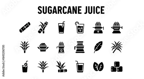 Vector Collection of Sugarcane Juice, Healthy, and Natural Drink Icons