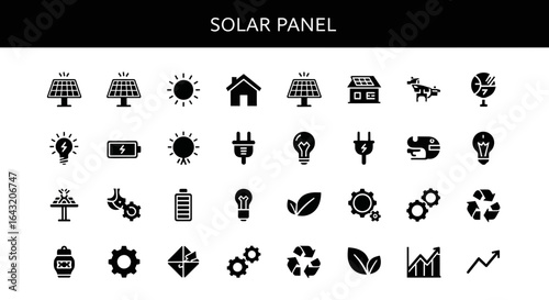 Solid Black Solar Panel Icons: Clean Energy, Sun, and Technology Concepts