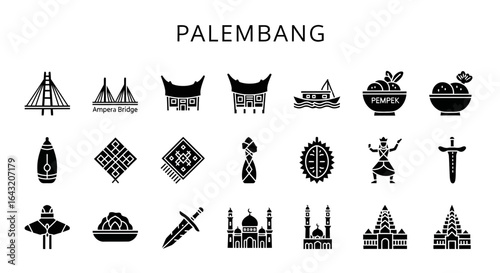 Solid Black Palembang Icons: Indonesian, Culture, and Landmark Concepts