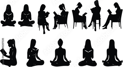 Reading silhouettes, meditation poses, calm people, mindfulness activity, yoga practice, peaceful scene, educational concept, seated relaxation, diverse postures, silhouette art