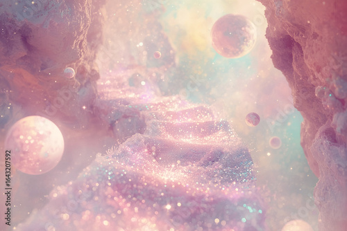 Sparkling pastel steps winding through a surreal canyon with planets and glowing cosmic mist.