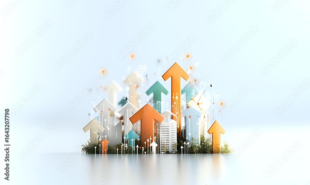 Fototapeta premium Colorful upward arrows rising above modern city skyline with skyscrapers on white background, representing business growth and urban development progress.