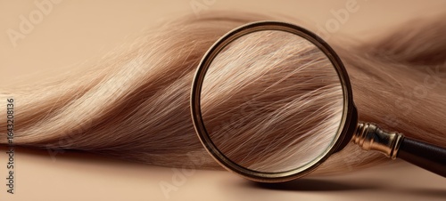 The magnifying glass reveals intricate details of luxurious hair strands.