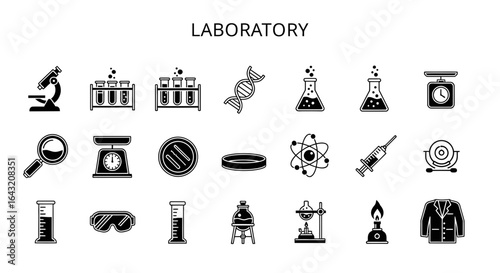 Solid Black Laboratory Icons: Science, Research, and Medical Concepts